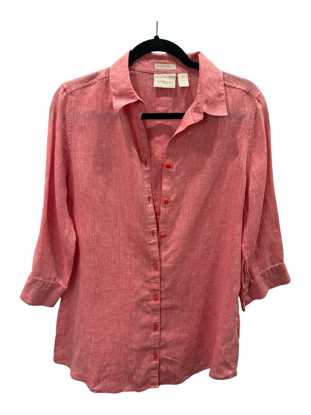 Chicos “no iron” Pink Linen Button Down Blouse Size 1